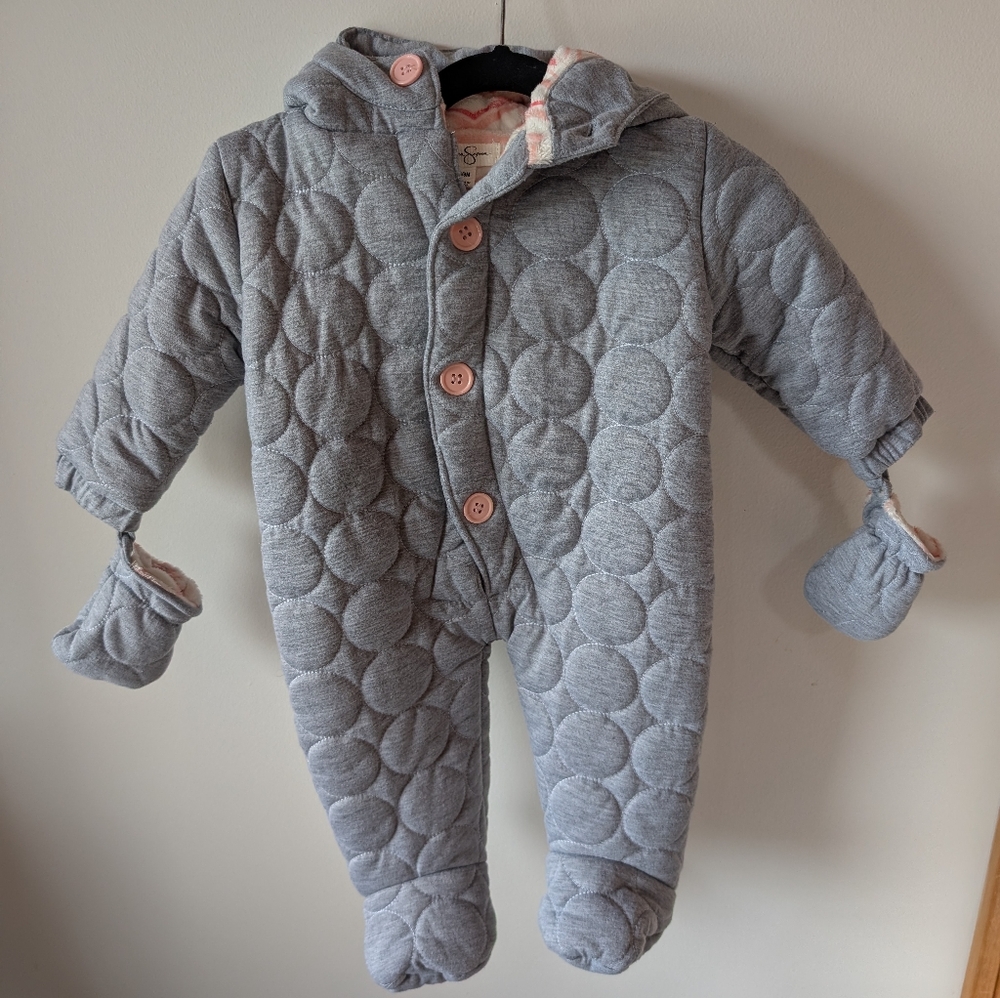 Jessica Simpson Grey Footed Bunting With Attached Gloves 6-9M